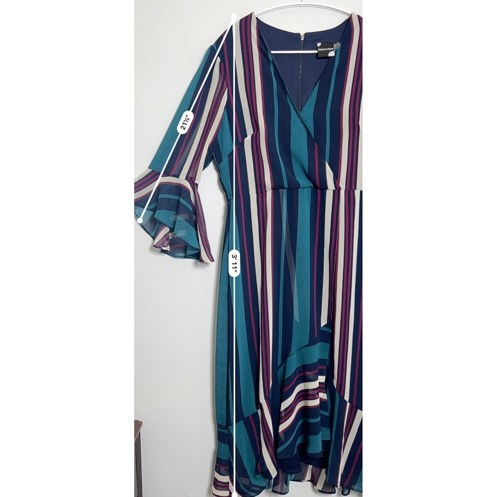 Maison Tara Womens Striped Faux Wrap Midi Dress Teal Navy Bell Sleeve Size 8 - Picture 4 of 11
